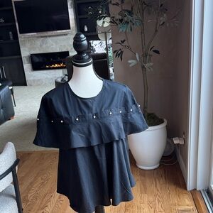 Pearl-Trim Black Ruffle Blouse for Women